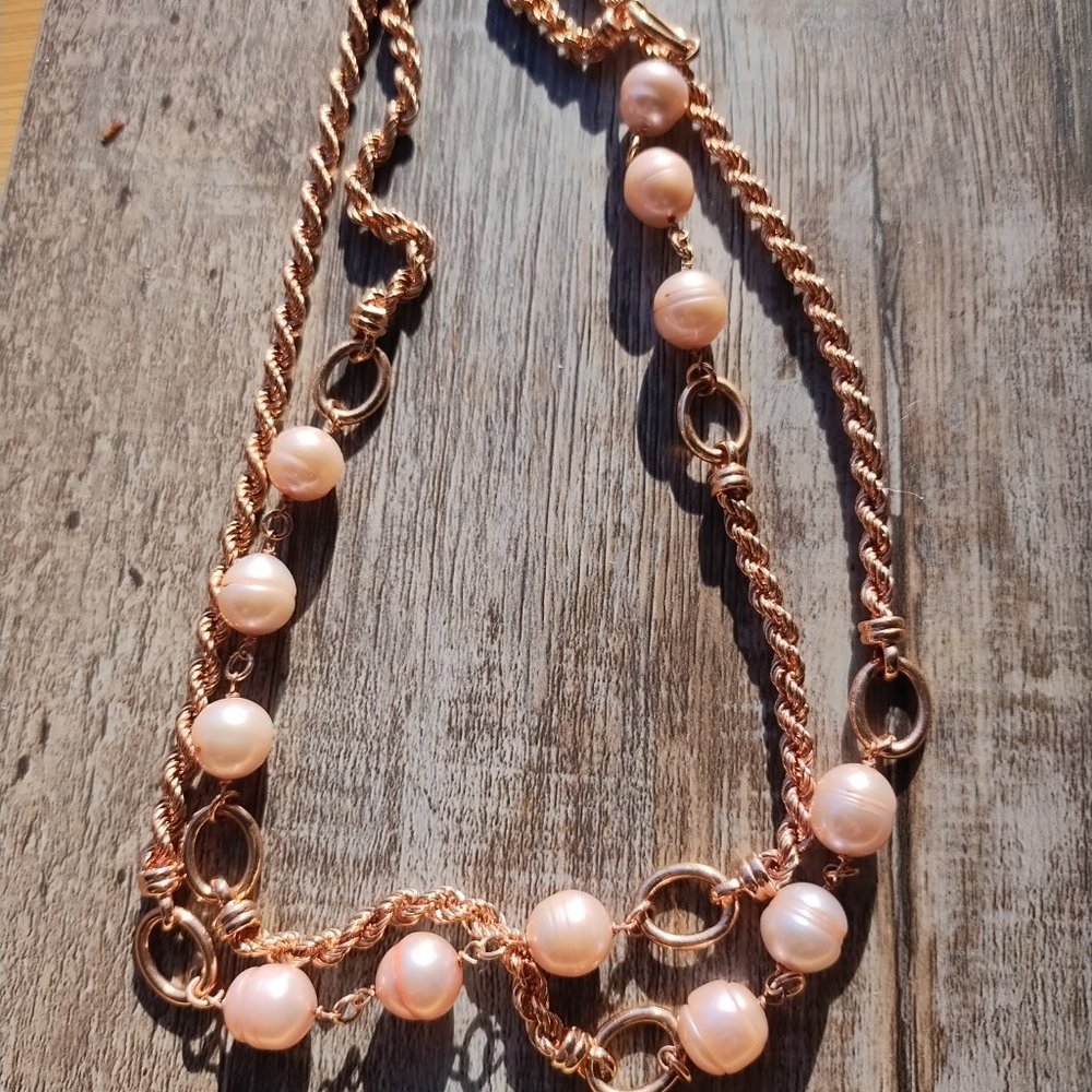 Honora Bronze Italy Genuine Pink Pearl Necklace, Rose Gold Finish, 36" Long. - Picture 10 of 14